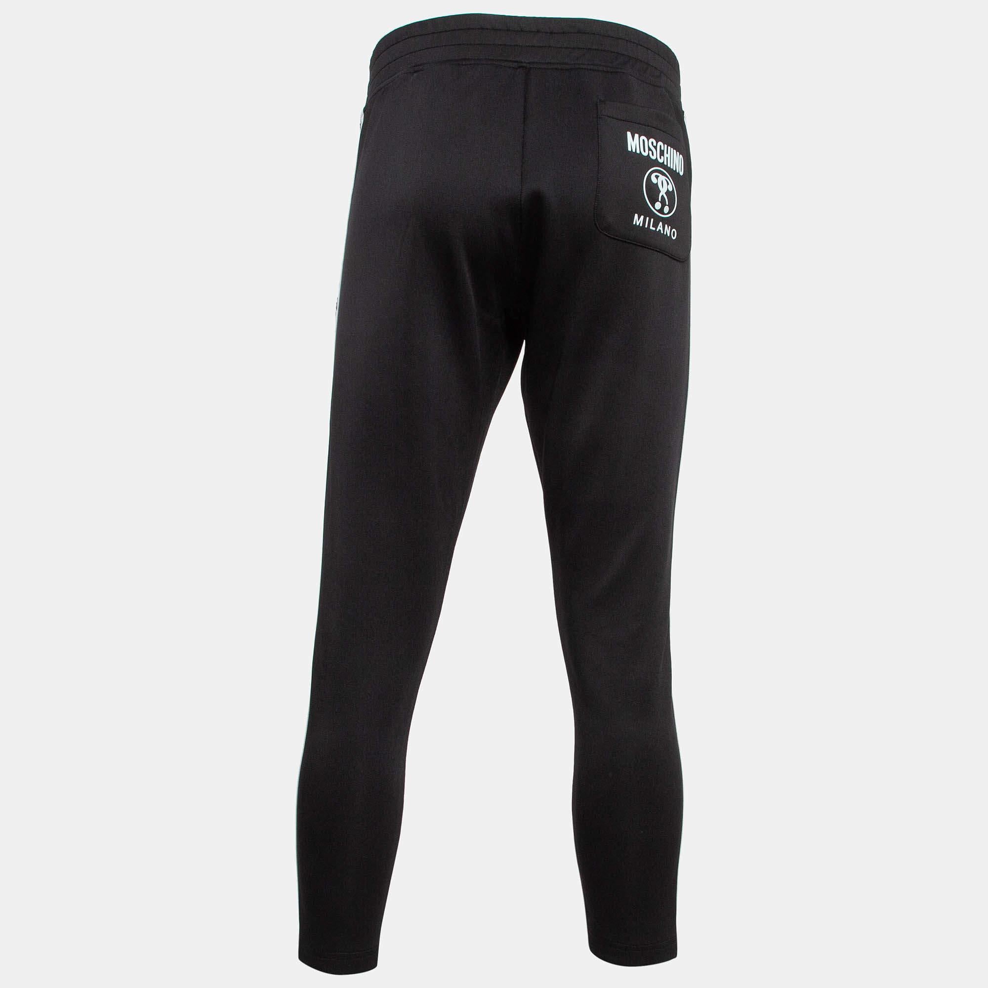 Nero Moschino Couture Pantaloni da corsa in maglia elasticizzata con logo nero e striscia laterale S in vendita