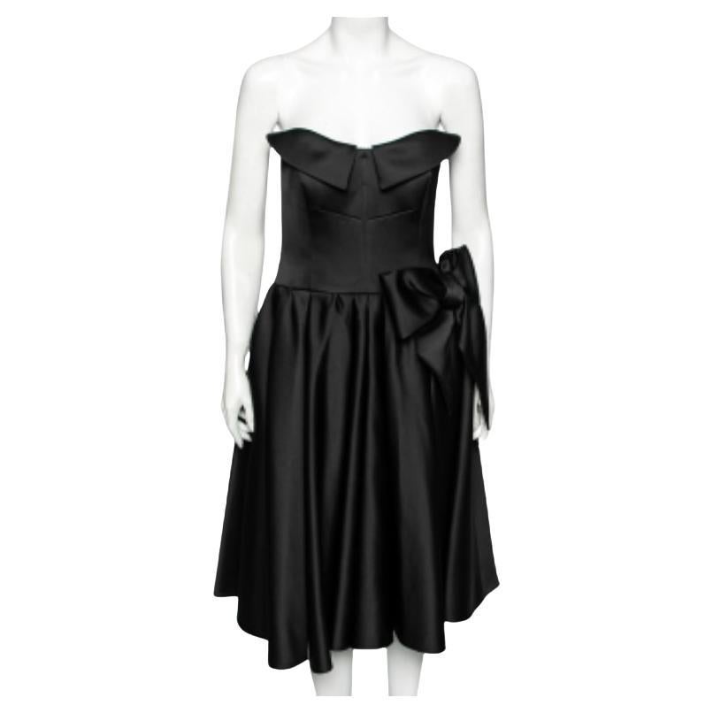 Moschino Couture Black Satin Bow Detail Strapless Pleated Dress M For Sale