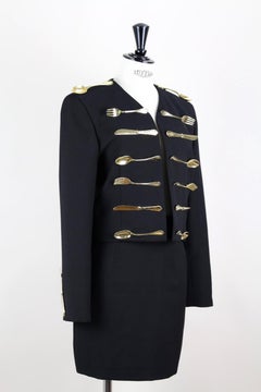 MOSCHINO COUTURE! Black Wool Cutlery "Dinner Jacket" Skirt Suit, Fall 1989