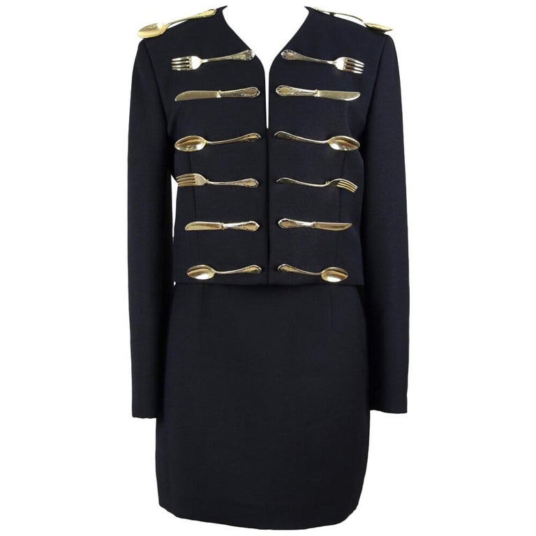 MOSCHINO COUTURE! Black Wool Cutlery "Dinner Jacket" Skirt Suit, Fall