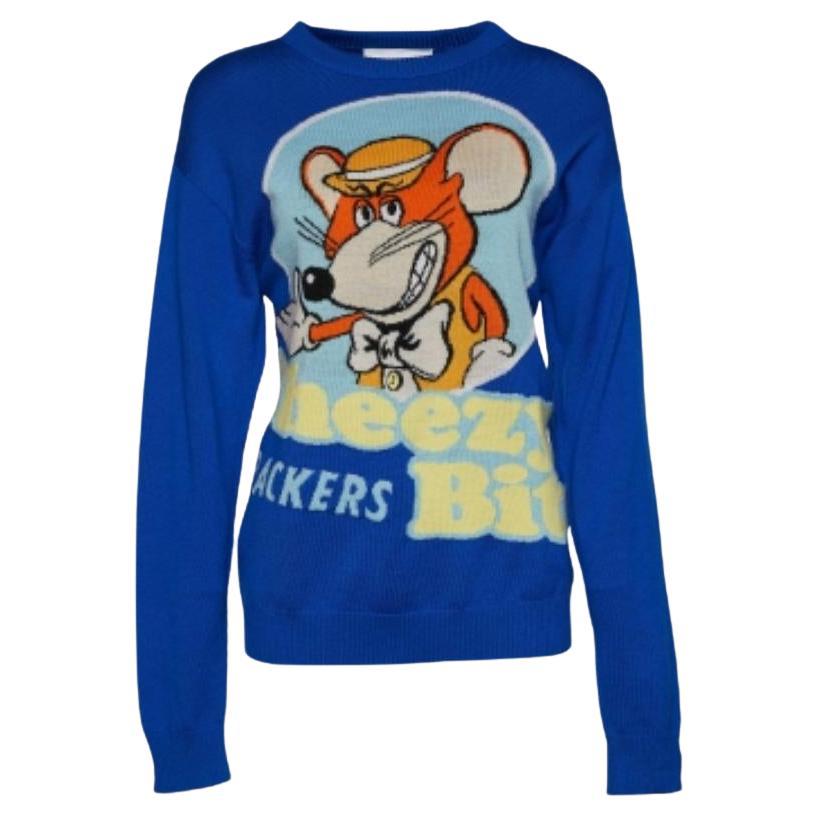 Moschino Couture Blau Cheezy Bits Wolle Intarsia Stricken Langarm Pullover S im Angebot