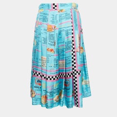 Moschino Couture Blue Drive In Menu Print Silk Pleated Midi Skirt L