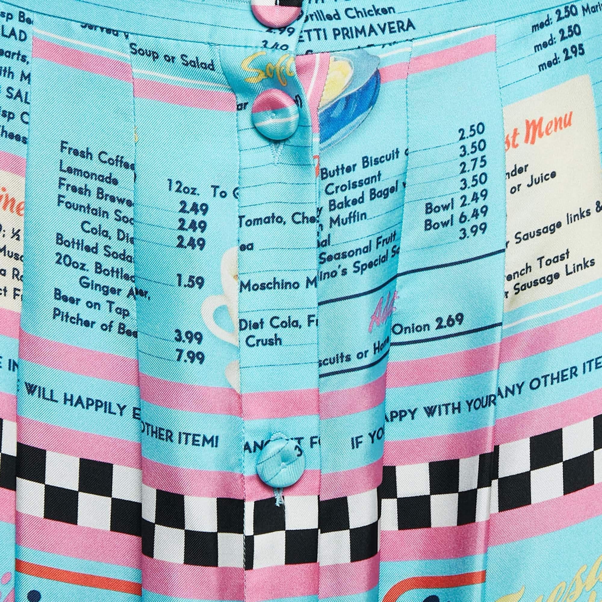 Moschino Couture Falda midi plisada de seda con estampado de menú Drive In azul L Azul en venta