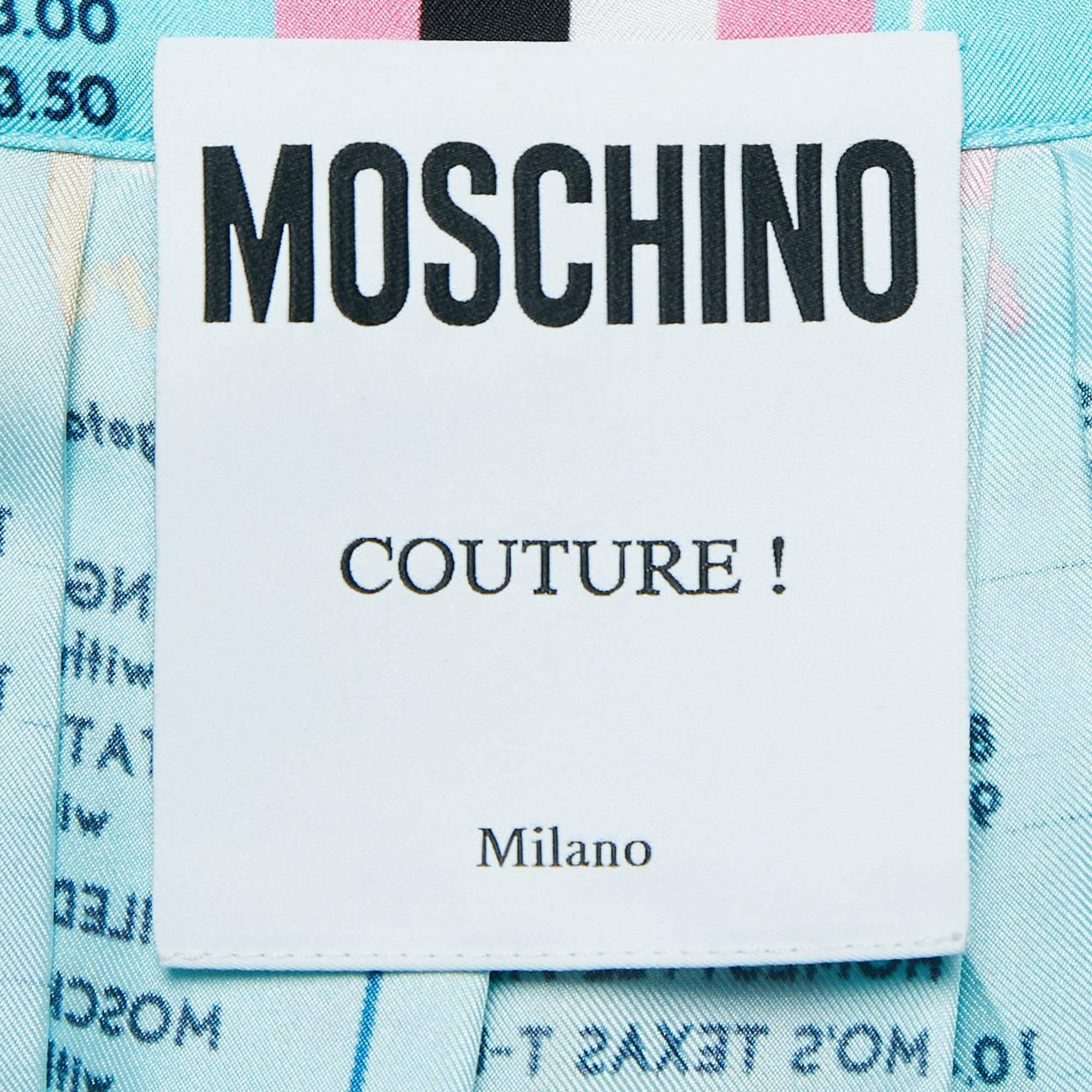 Moschino Couture Falda midi plisada de seda con estampado de menú Drive In azul L en Nuevo estado para la venta en Dubai, Al Qouz 2