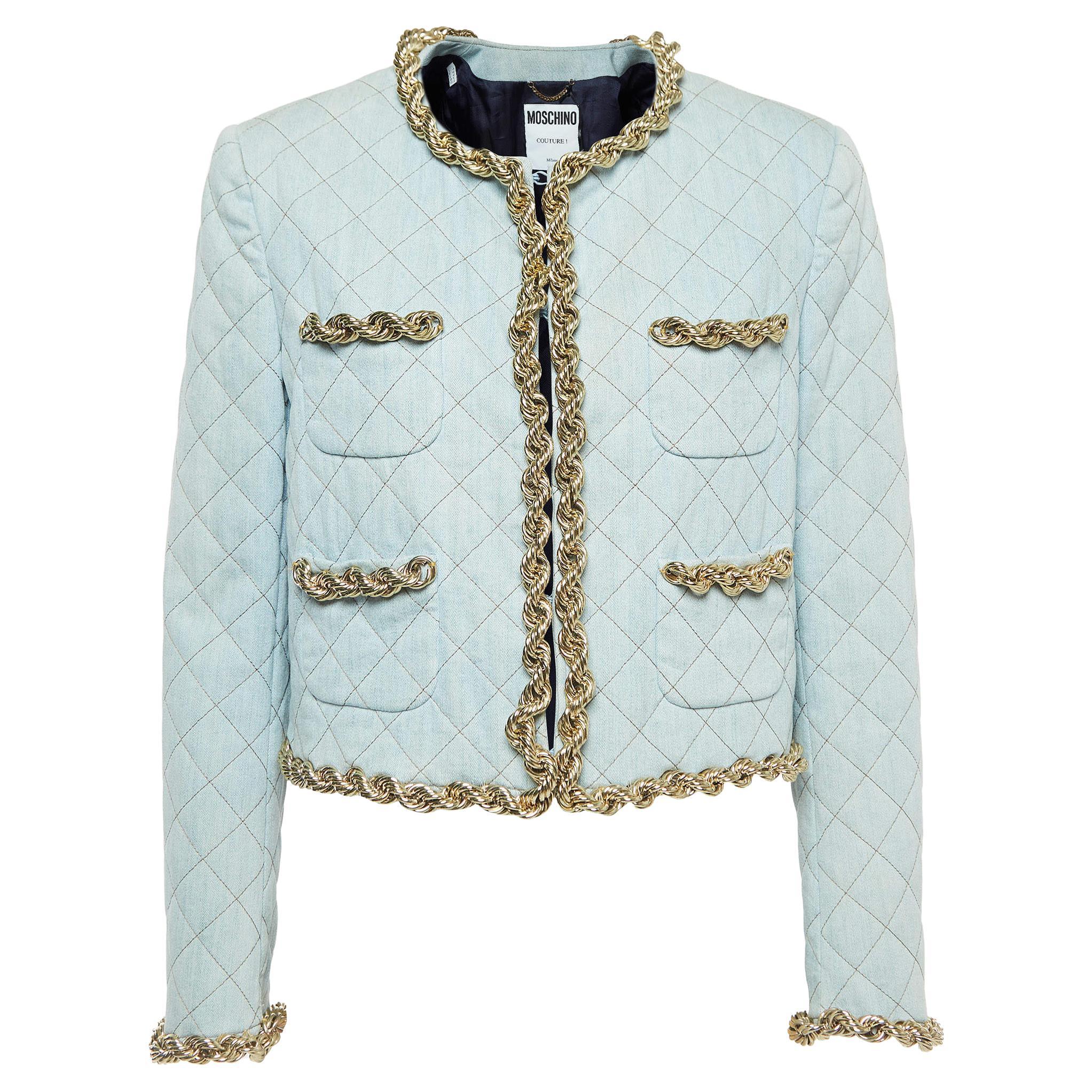 Moschino Couture Blue Faded Denim Quilted Chain Detail Jacket M For Sale