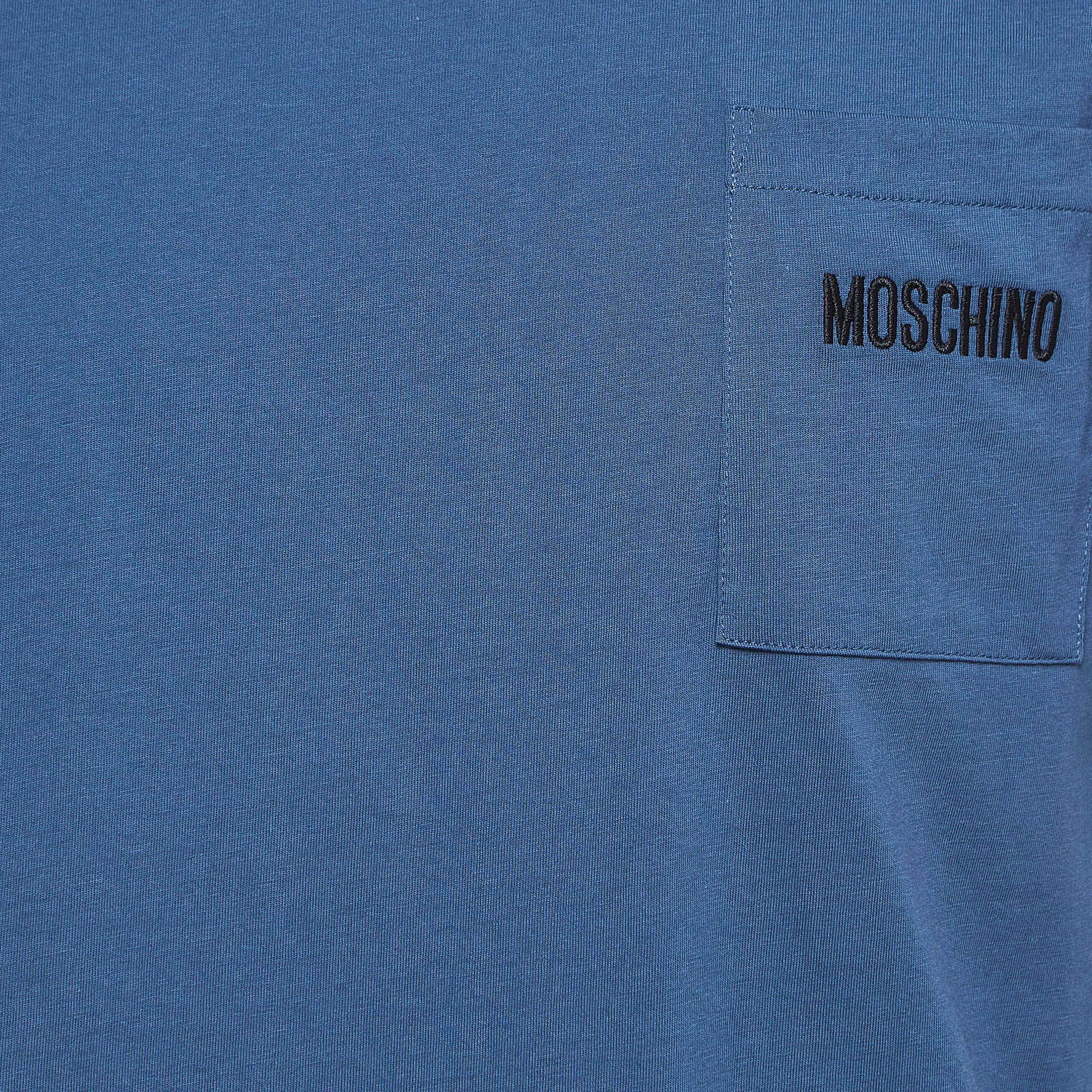 Moschino Couture Blue Logo Embroidered Cotton Knit Half Sleeve T-Shirt M In Excellent Condition In Dubai, Al Qouz 2