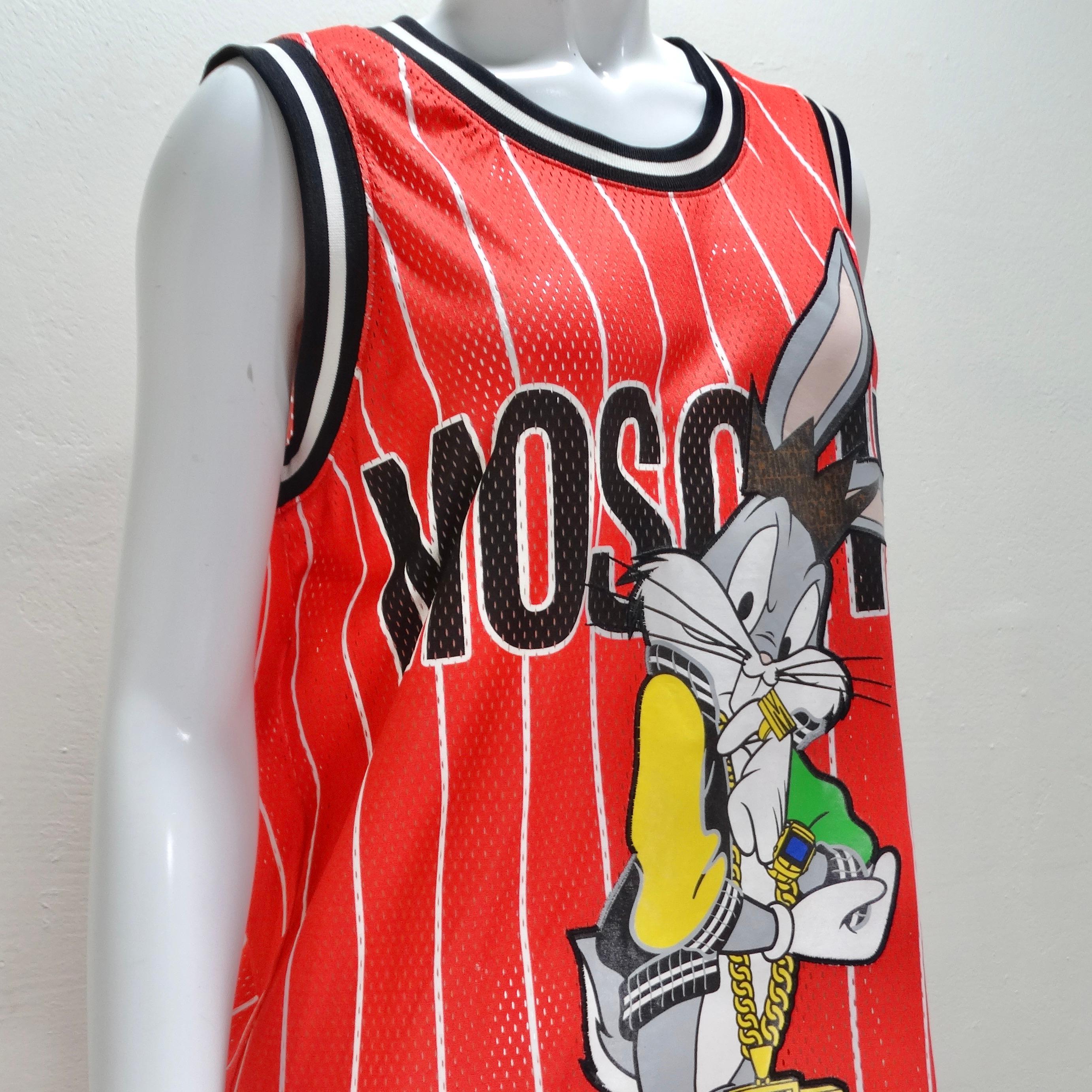 Elevate your streetwear game with the Moschino Couture Bugs Bunny Basketball Jersey - a rare collector's gem that's as stylish as it is playful. This unisex jersey combines fashion and pop culture effortlessly. Its red and white striped sleeveless