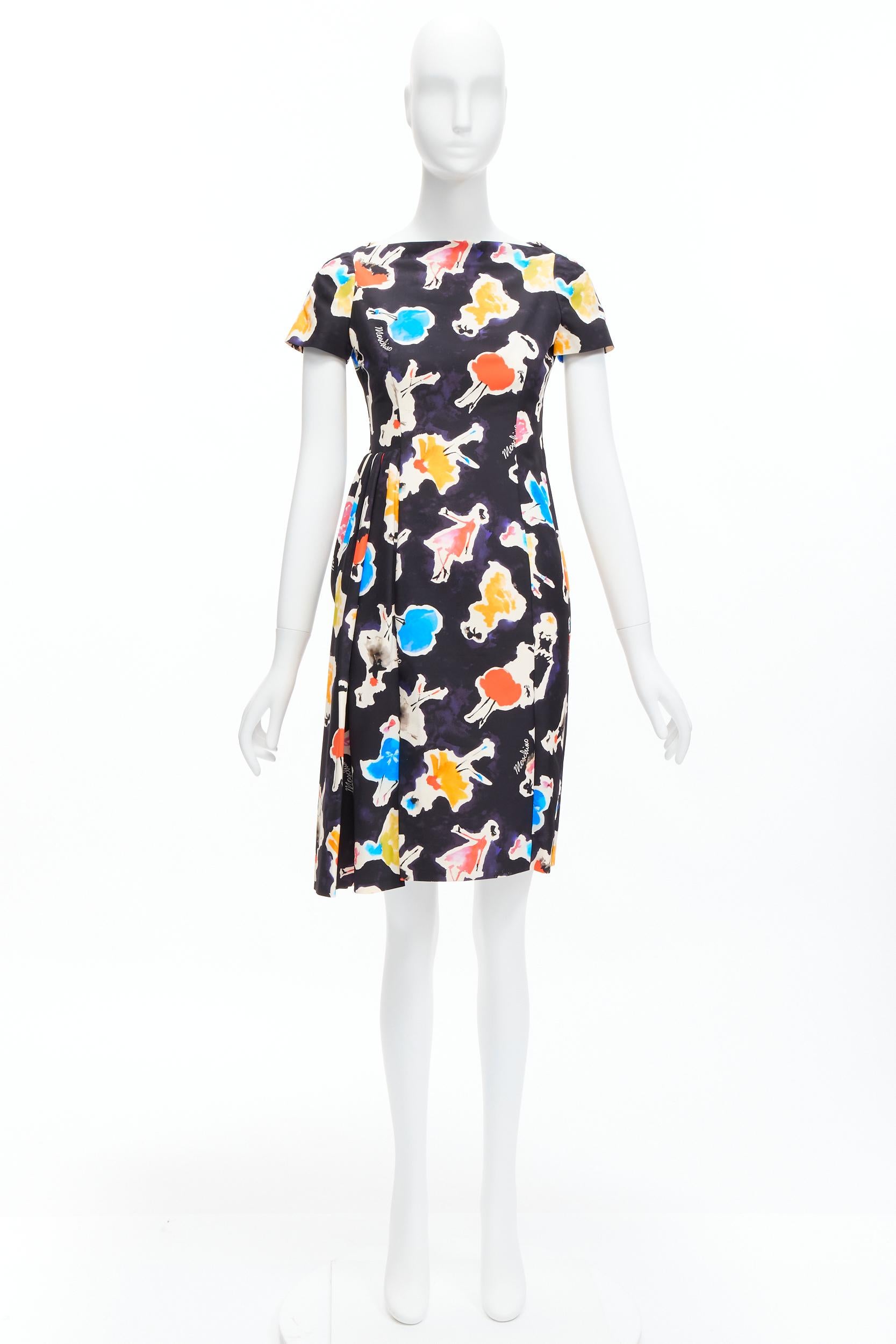 MOSCHINO Couture colorful logo watercolor print asymmetric cocktail dress IT38  For Sale 5