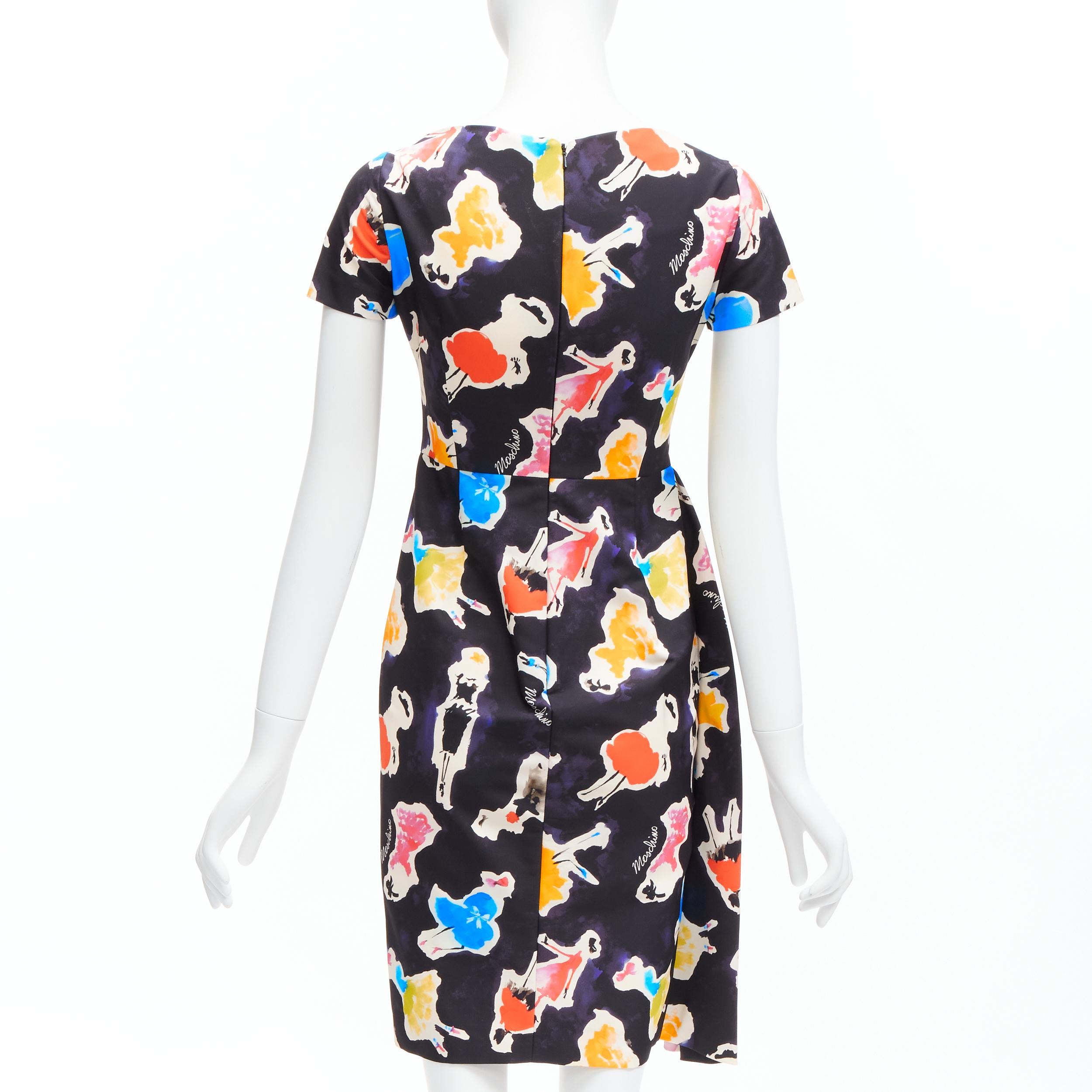 Women's MOSCHINO Couture colorful logo watercolor print asymmetric cocktail dress IT38  For Sale