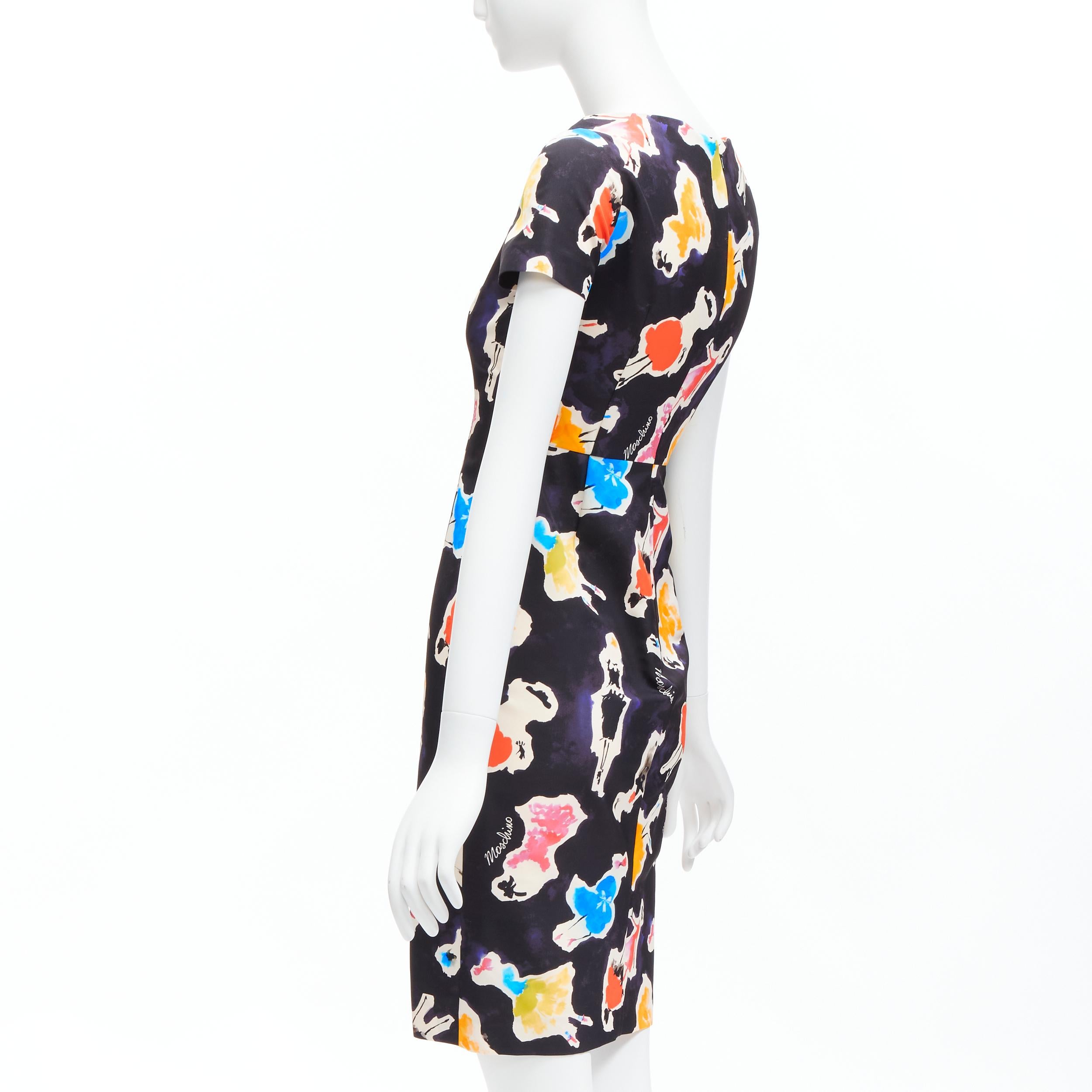 MOSCHINO Couture colorful logo watercolor print asymmetric cocktail dress IT38  For Sale 1
