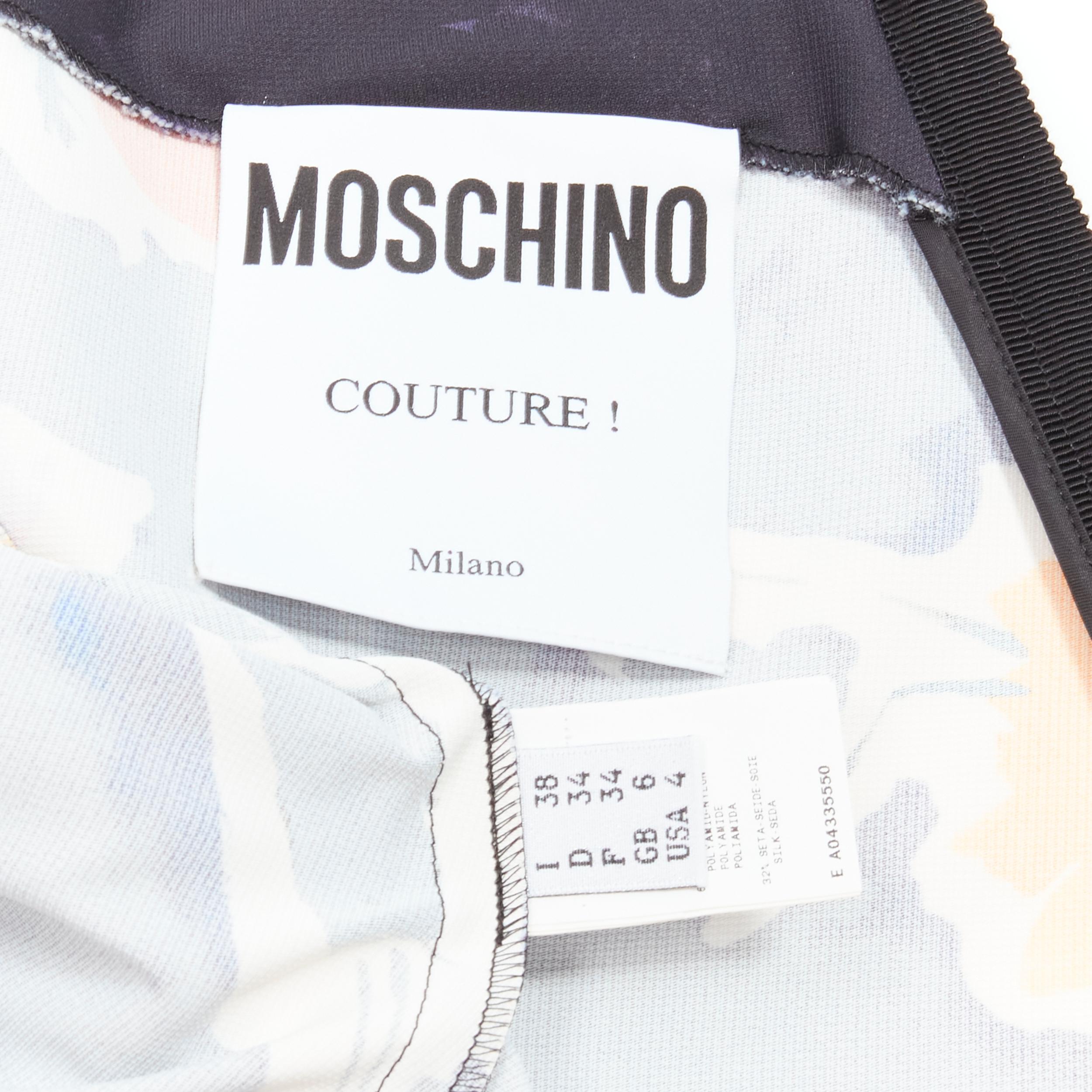 MOSCHINO Couture colorful logo watercolor print asymmetric cocktail dress IT38  For Sale 4