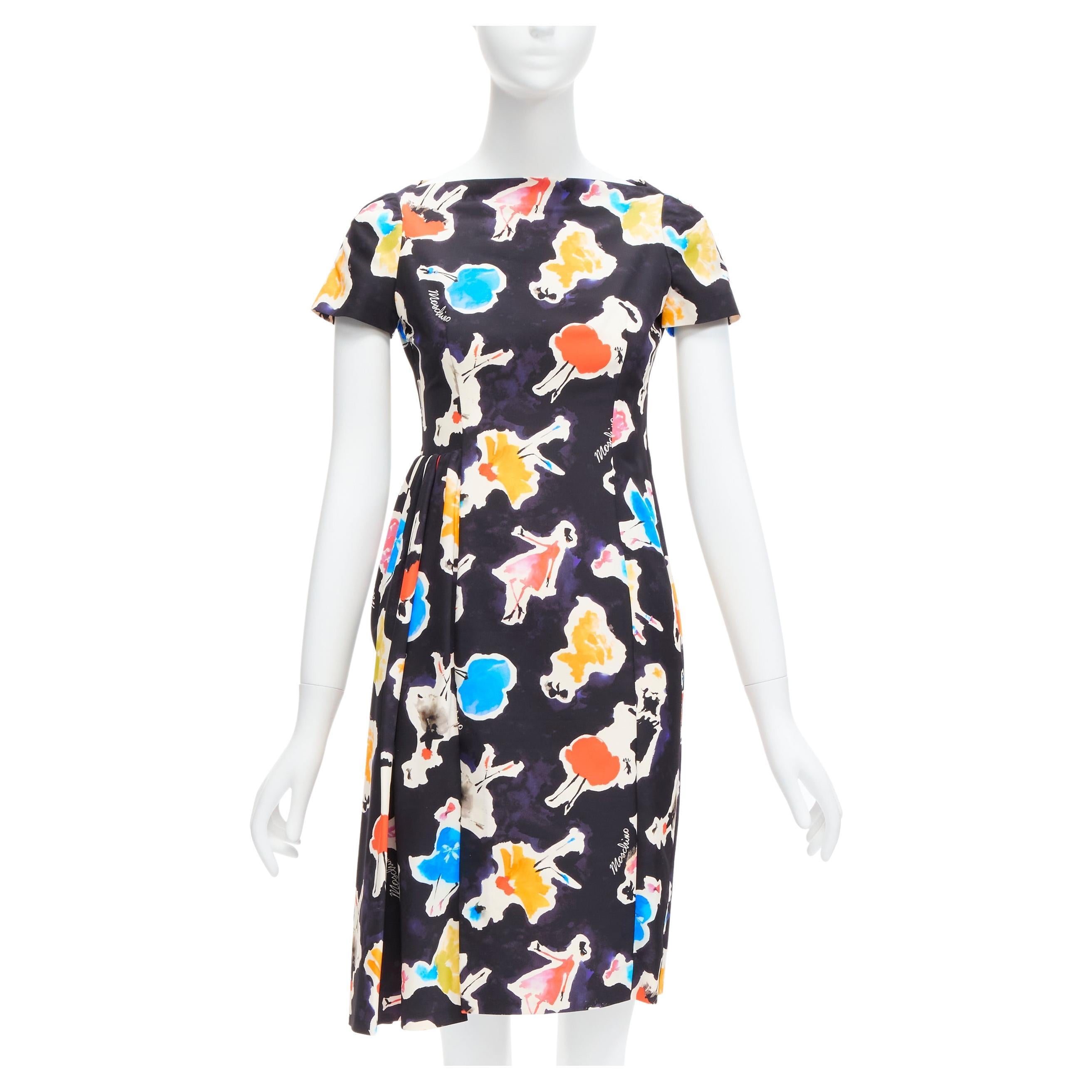 MOSCHINO Couture colorful logo watercolor print asymmetric cocktail dress IT38  For Sale