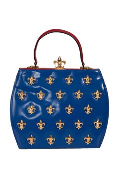 Moschino Couture P/E 1993 Borsa a manico superiore blu e rossa con fiore a forma di fiore