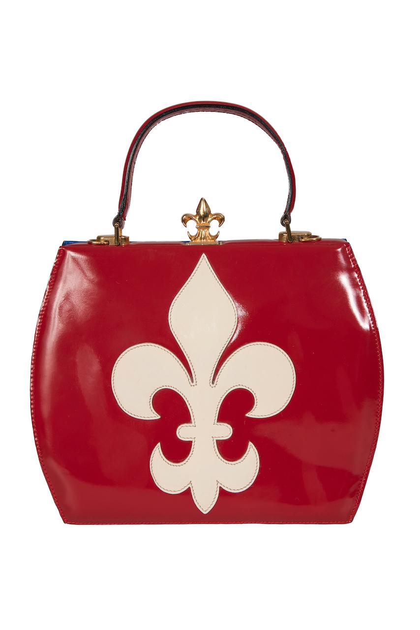 MOSCHINO COUTURE S/S 1993 Fleur-de-Lis Appliquéd Blue & Red Top Handle Bag In Excellent Condition In Munich, DE