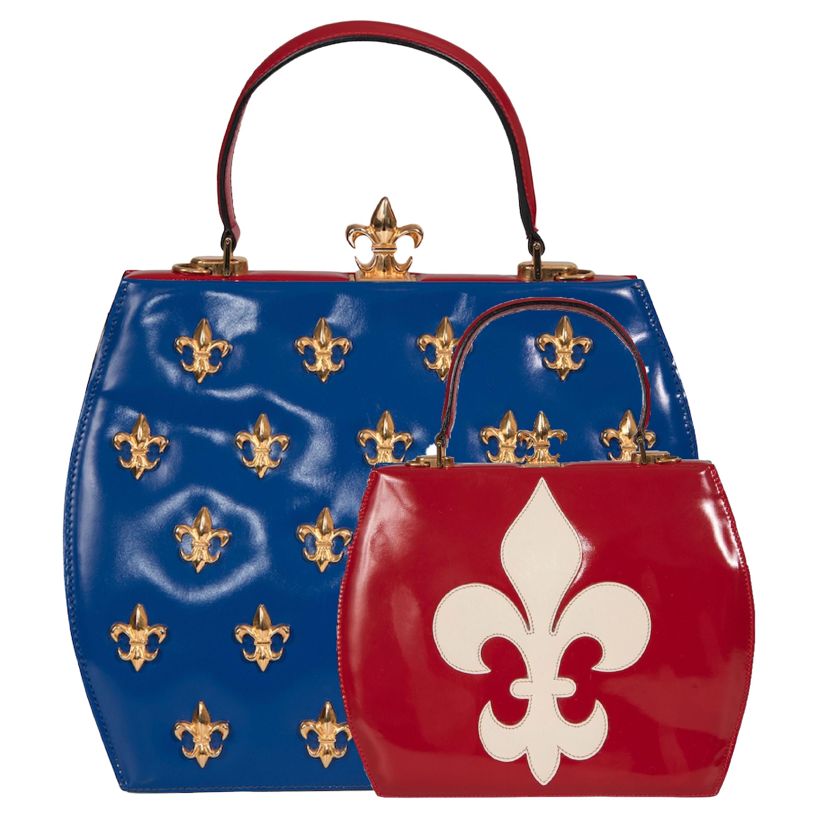 MOSCHINO COUTURE S/S 1993 Fleur-de-Lis Appliquéd Blue & Red Top Handle Bag For Sale