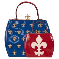 MOSCHINO COUTURE S/S 1993 Fleur-de-Lis Appliquéd Blue & Red Top Handle Bag