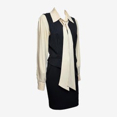 Moschino Couture! FW1992 Pinstripe Wool Three-Piece Dress with Tie Blouse