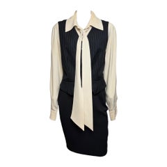 Moschino Couture! FW1992 Pinstripe Wool Three-Piece Dress with Tie Blouse