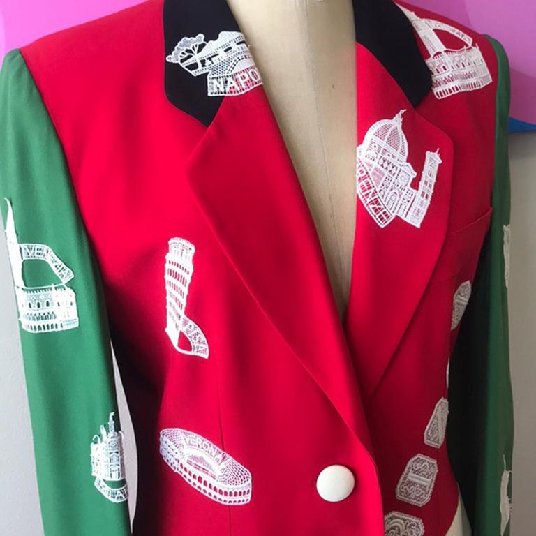 Moschino couture green red rome blazer vintage

Museum quality rare and wonderful Moschino Couture Jacket Made in Italy. Perfect for evening events. Spring / Summer 1991. Acetate blend. No size tag. Lace spells out Made In Italy on back. Pristine