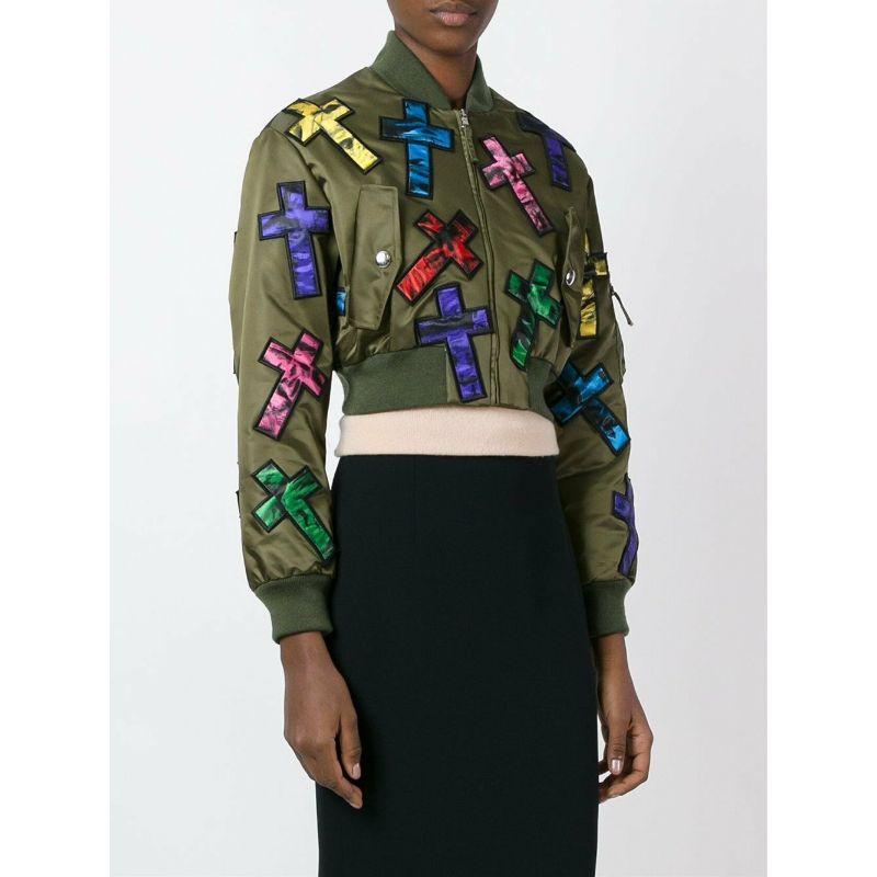 Moschino Couture Jeremy Scott Allover Colorful Cross Patch Cropped Bomber Jacket For Sale 2