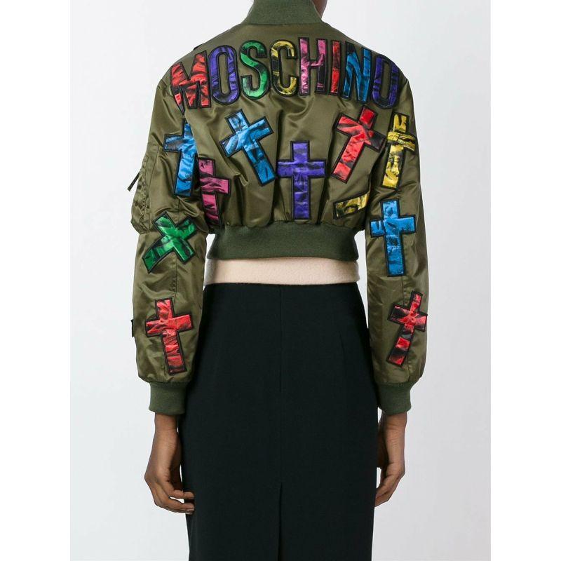 Moschino Couture Jeremy Scott Allover Colorful Cross Patch Cropped Bomber Jacket For Sale 3