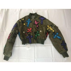 Moschino Couture Jeremy Scott Allover Colorful Cross Patch Cropped Bomber Jacket