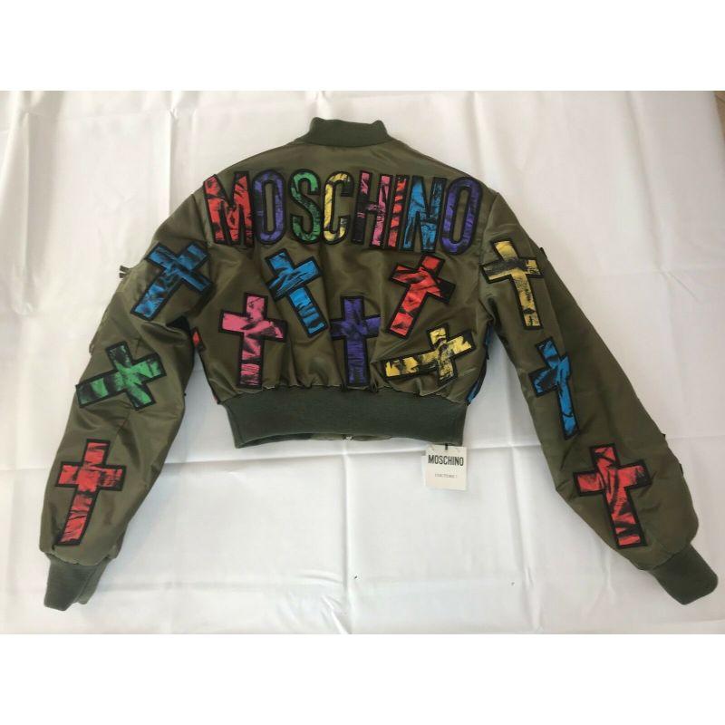 Moschino Couture Jeremy Scott Allover Colorful Cross Patch Cropped Bomber Jacket In New Condition For Sale In Palm Springs, CA