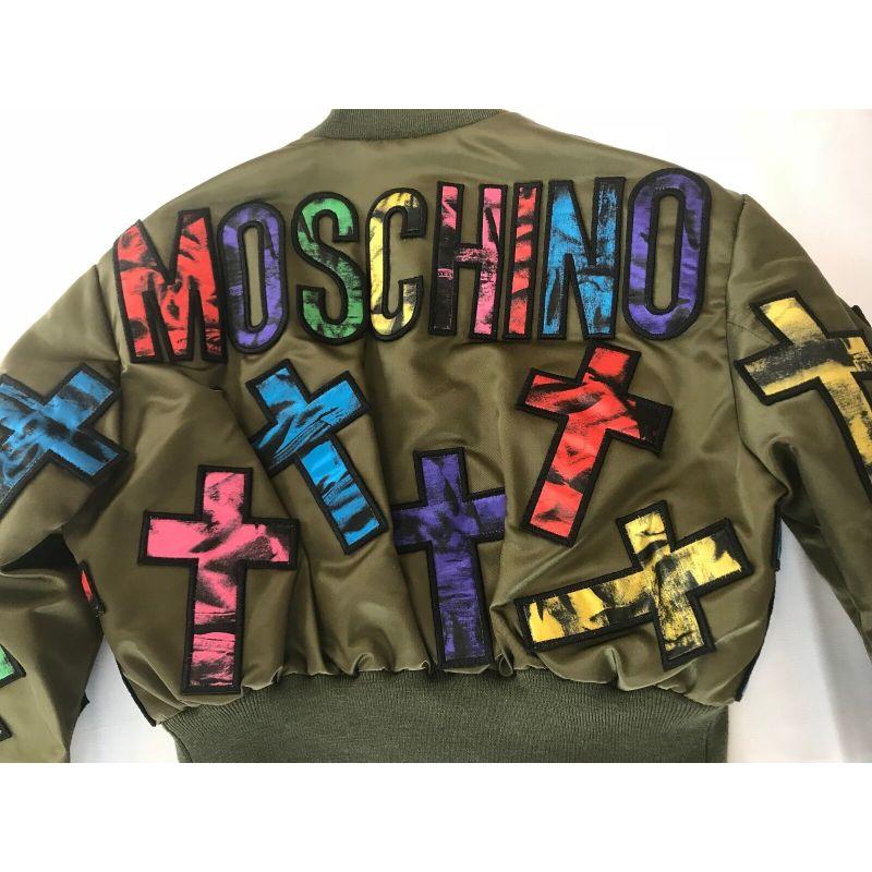 Women's Moschino Couture Jeremy Scott Allover Colorful Cross Patch Cropped Bomber Jacket For Sale