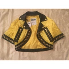 Moschino Couture Jeremy Scott Barbie Yellow Quilted Cropped Biker Jacket IT 40