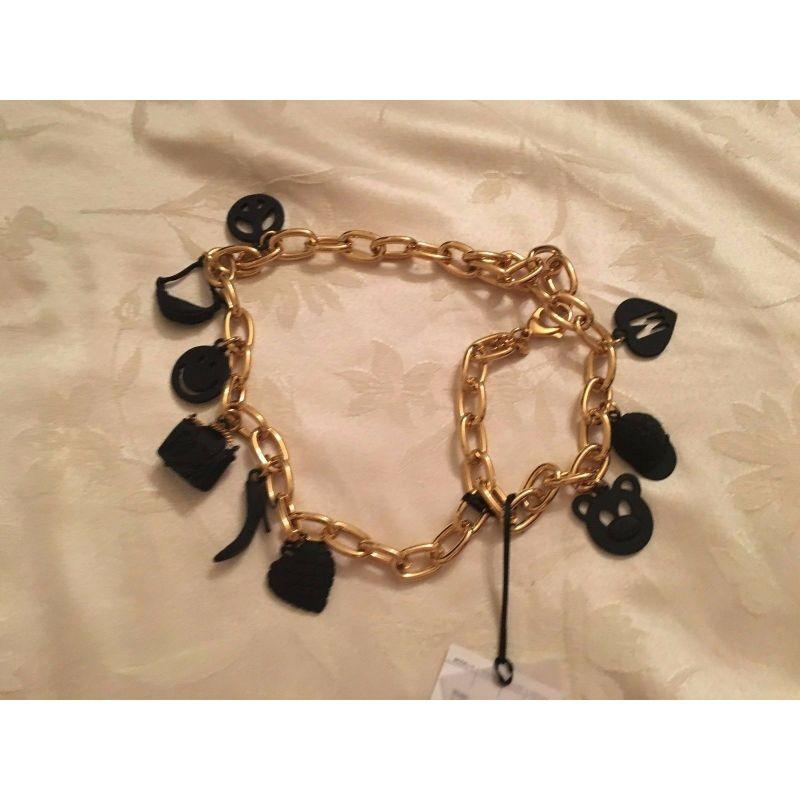 Moschino Couture Jeremy Scott Gold Black Metal Necklace Teddy Peace Smiley In New Condition For Sale In Palm Springs, CA