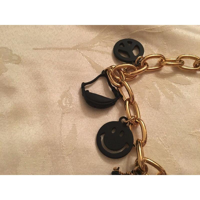 Moschino Couture Jeremy Scott Gold Black Metal Necklace Teddy Peace Smiley For Sale 2