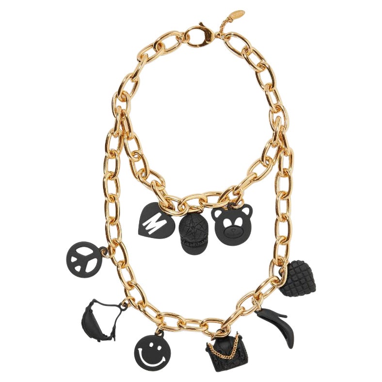 Moschino Couture Jeremy Scott Gold Schwarz Metall Halskette Teddy Peace Smiley
