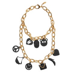 Moschino Couture Jeremy Scott Gold Schwarz Metall Halskette Teddy Peace Smiley