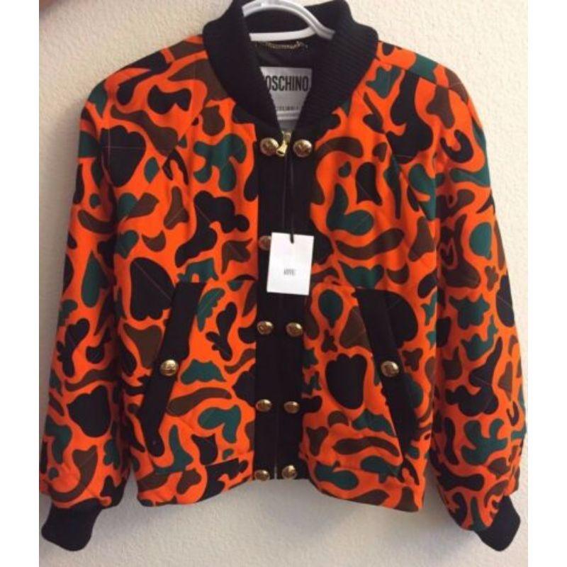 Women's Moschino Couture Jeremy Scott Orange Black Brown Green Camouflage Bomber Jacket For Sale