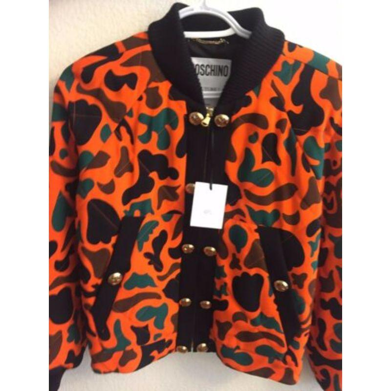 Moschino Couture Jeremy Scott Orange Black Brown Green Camouflage Bomber Jacket For Sale 2