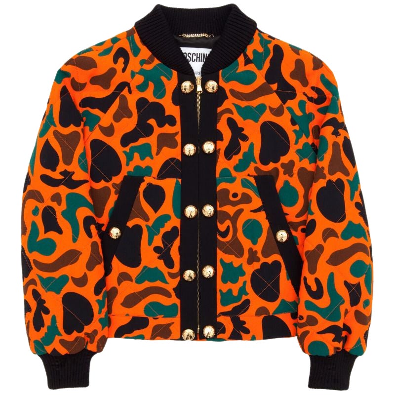 Chaqueta bomber Moschino Couture Jeremy Scott Naranja Negro Marrón Verde Camuflaje