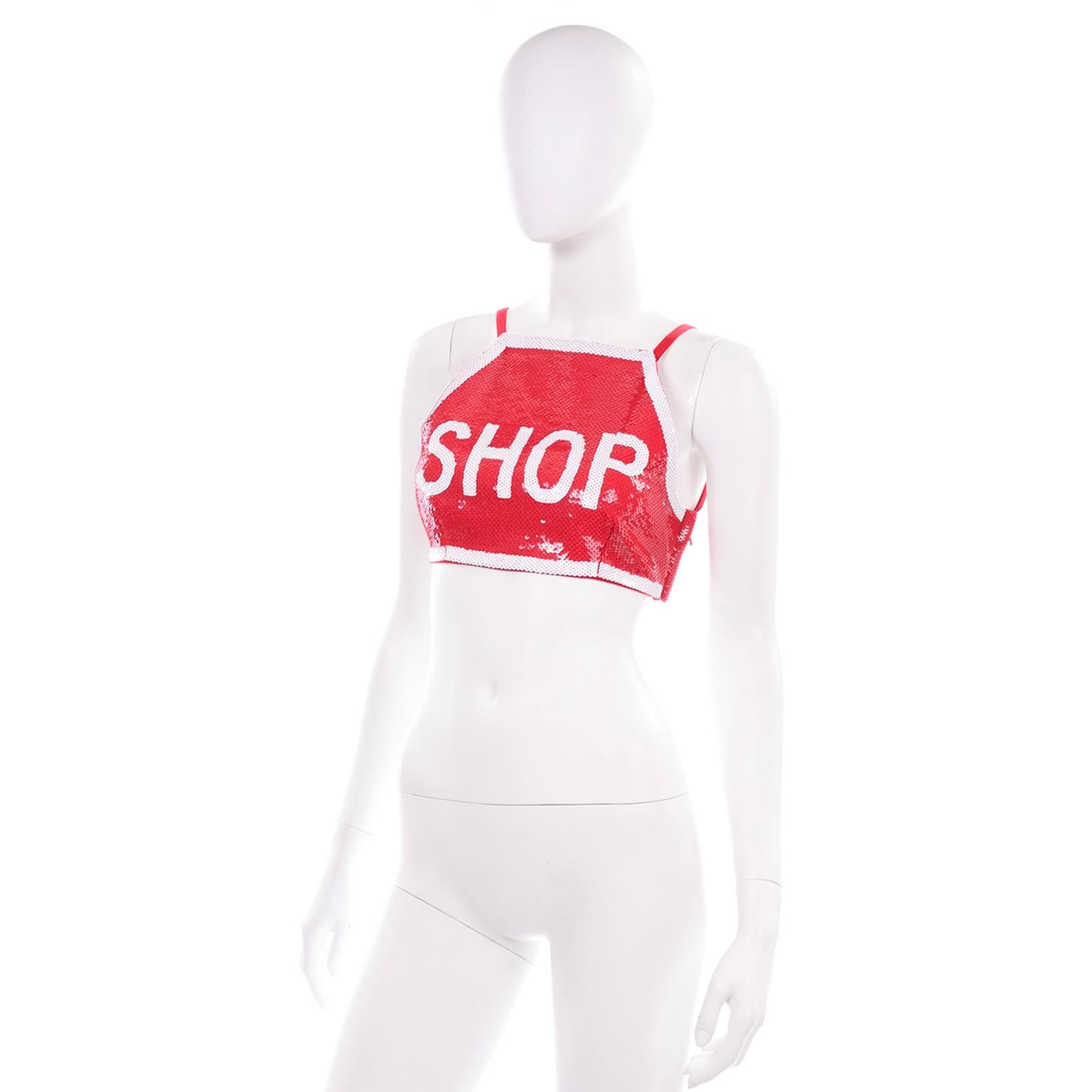 Moschino Couture Jeremy Scott Shop Zeichen Rot & Weiß Pailletten Laufsteg Crop Top 3