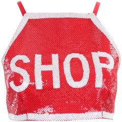 Moschino Couture Jeremy Scott Shop Sign Red & White Sequin Runway Crop Top