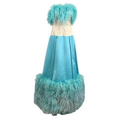 Moschino Couture Jeremy Scott Spring 2021 Look 38 Long feathers silk blue dress