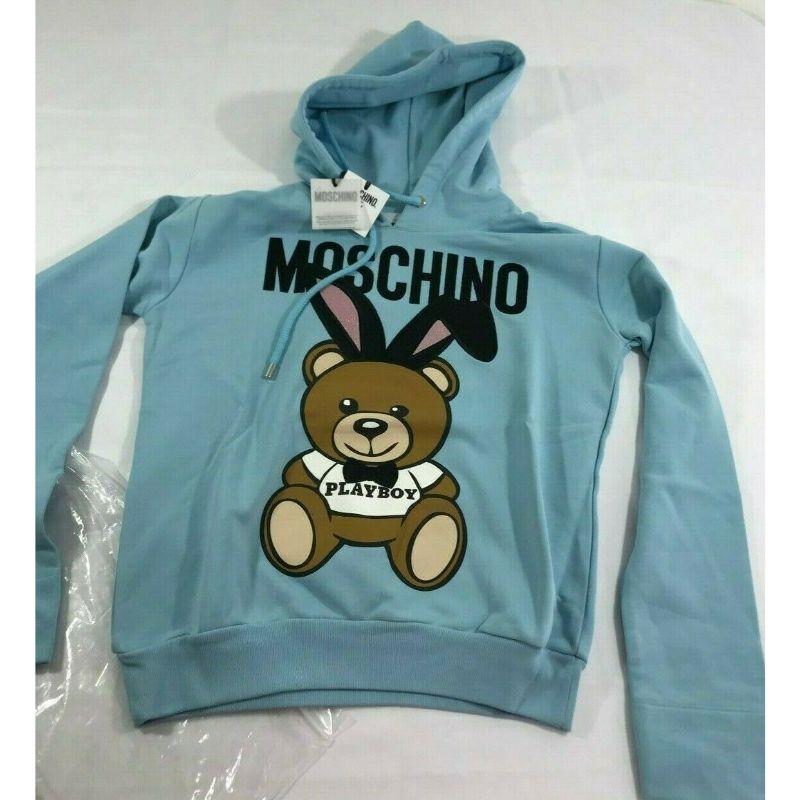 Moschino Couture Jeremy Scott Teddy Bear Playboy Blue Sweatshirt Hoodie 3D Pompo In New Condition For Sale In Matthews, NC