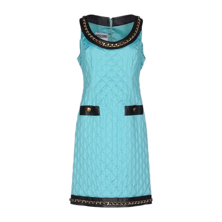 Moschino Couture Jeremy Scott Turquoise Quilted Barbie Satin Dress Leather  For Sale at 1stDibs