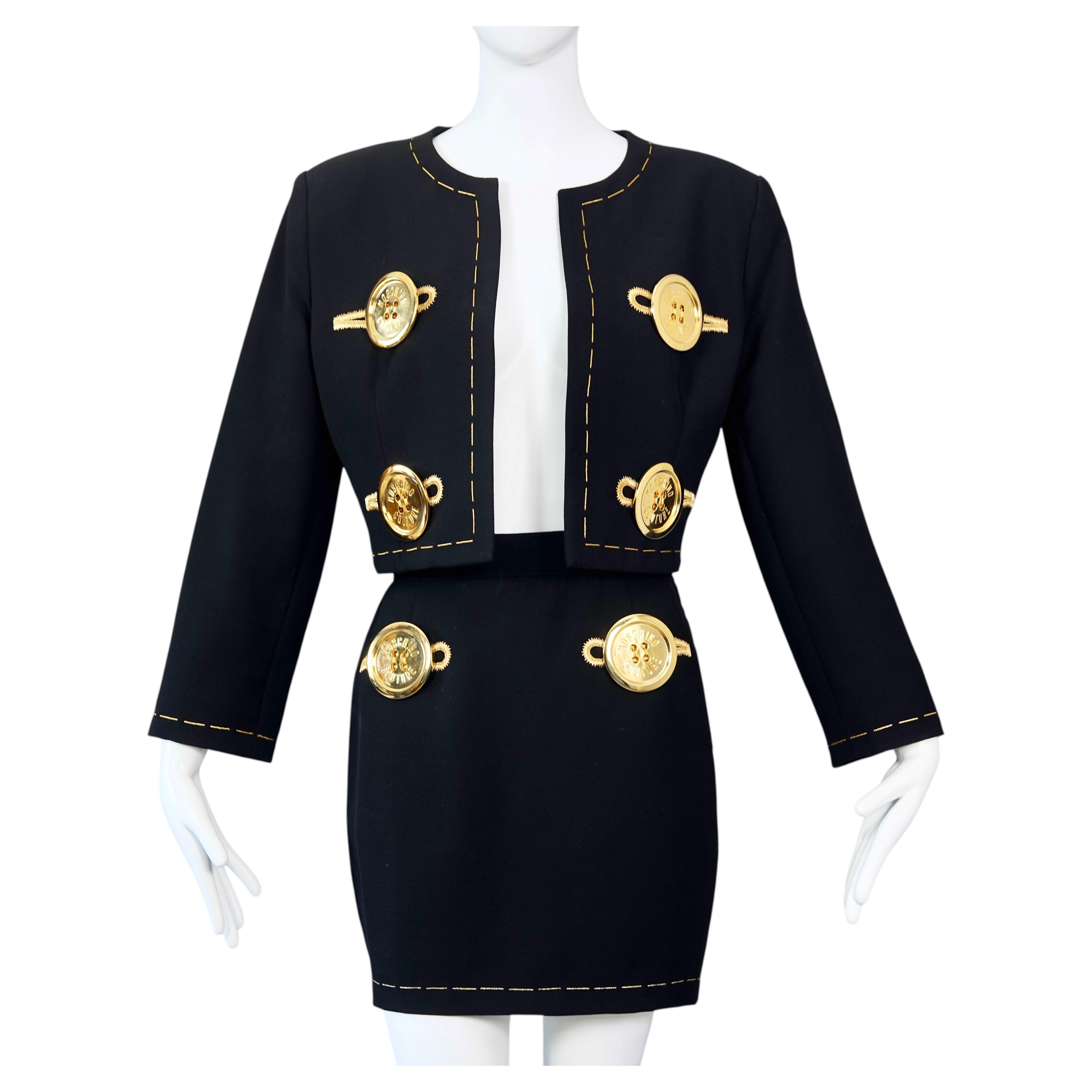 MOSCHINO COUTURE Botones masivos Dobladillo de aguja Puntadas Chaqueta Falda Conjunto Traje
