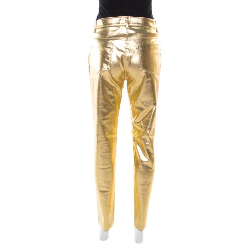 Moschino Couture Metallic Gold Cotton Stretch Tapered Jeans M In Good Condition In Dubai, Al Qouz 2