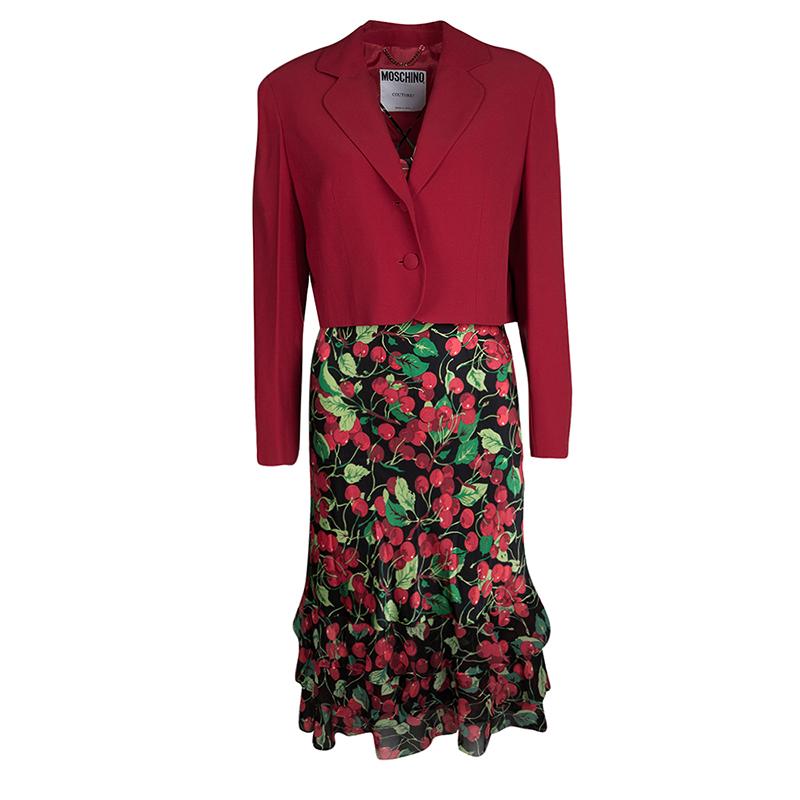 Moschino Couture Multicolor Cherry Print Bottom Ruffle Detail Dress and Blazer S