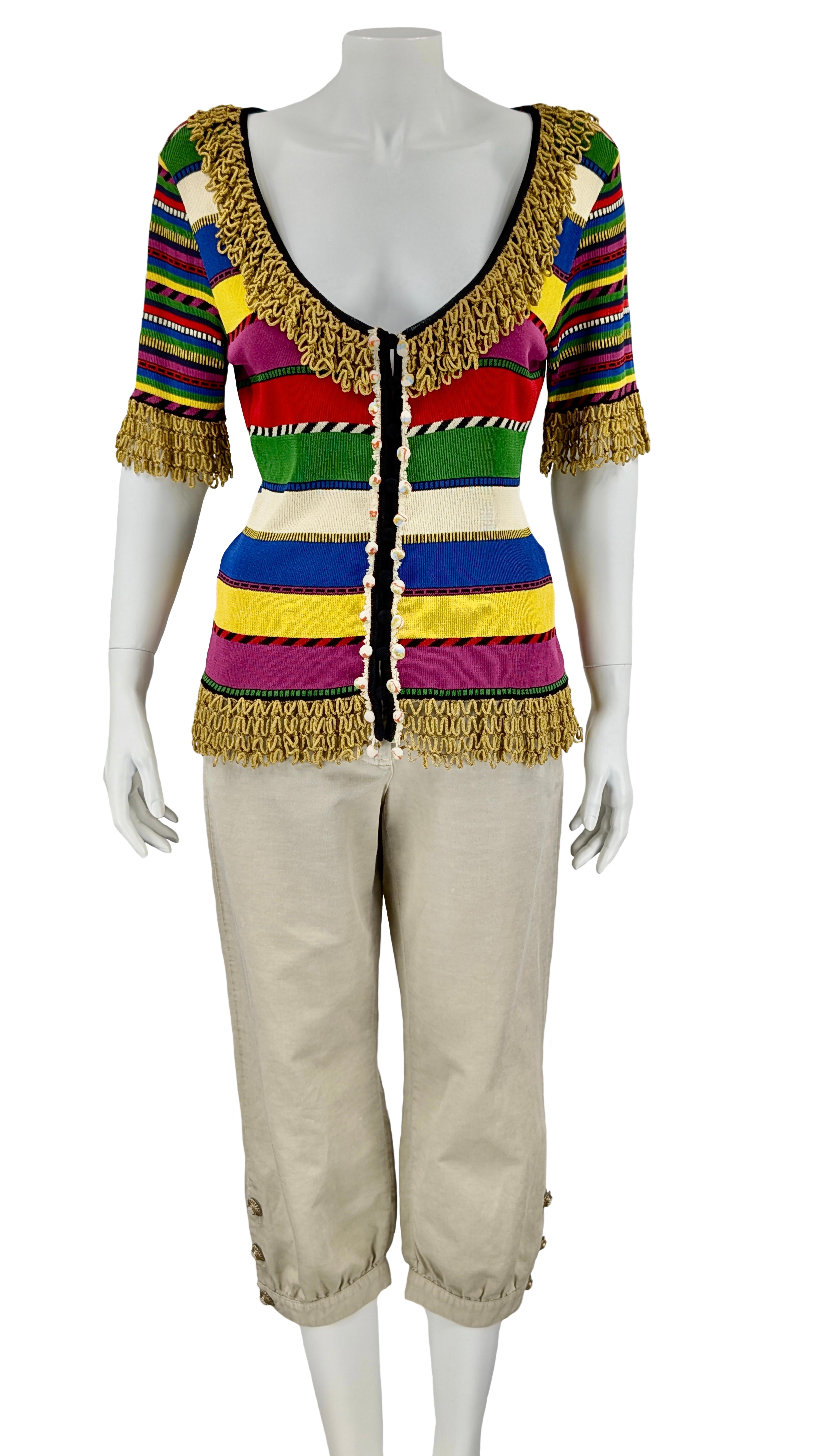 ¡Moschino Couture!
Jersey de rayas multicolor
Suéter de manga corta, con botones delanteros, adornos y pequeños pompones.
Fabricado en Italia
Algodón o viscosa ????
Medidas planas:
 Longitud cm. 62
Hombros cm. 33
Busto cm. 44
Manga cm. 27
Sin