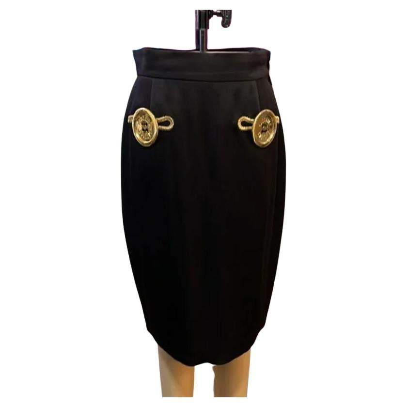 Moschino Couture Off Black Satin Pencil Skirt Buttons, Size 10 For Sale
