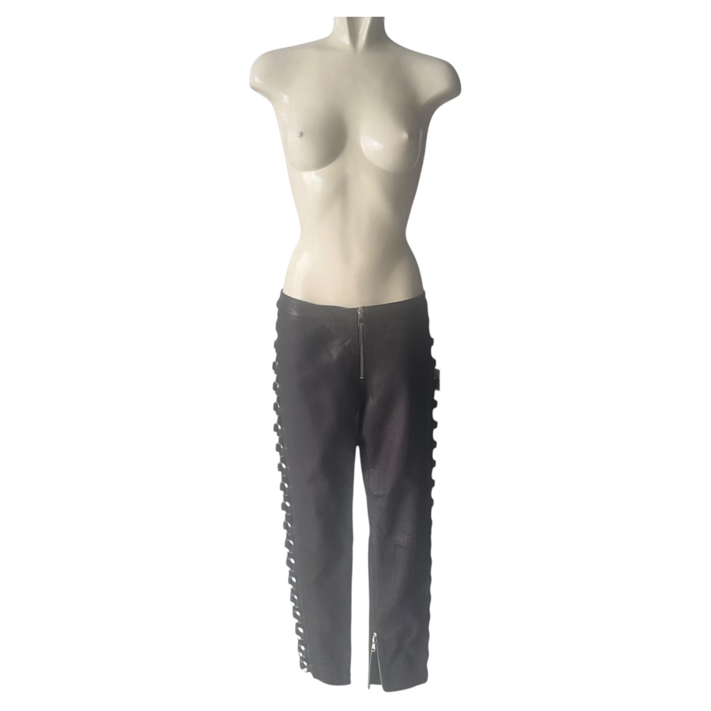 Moschino Couture, Leather Pants with Large Metal Rings on the Sides, new For Sale