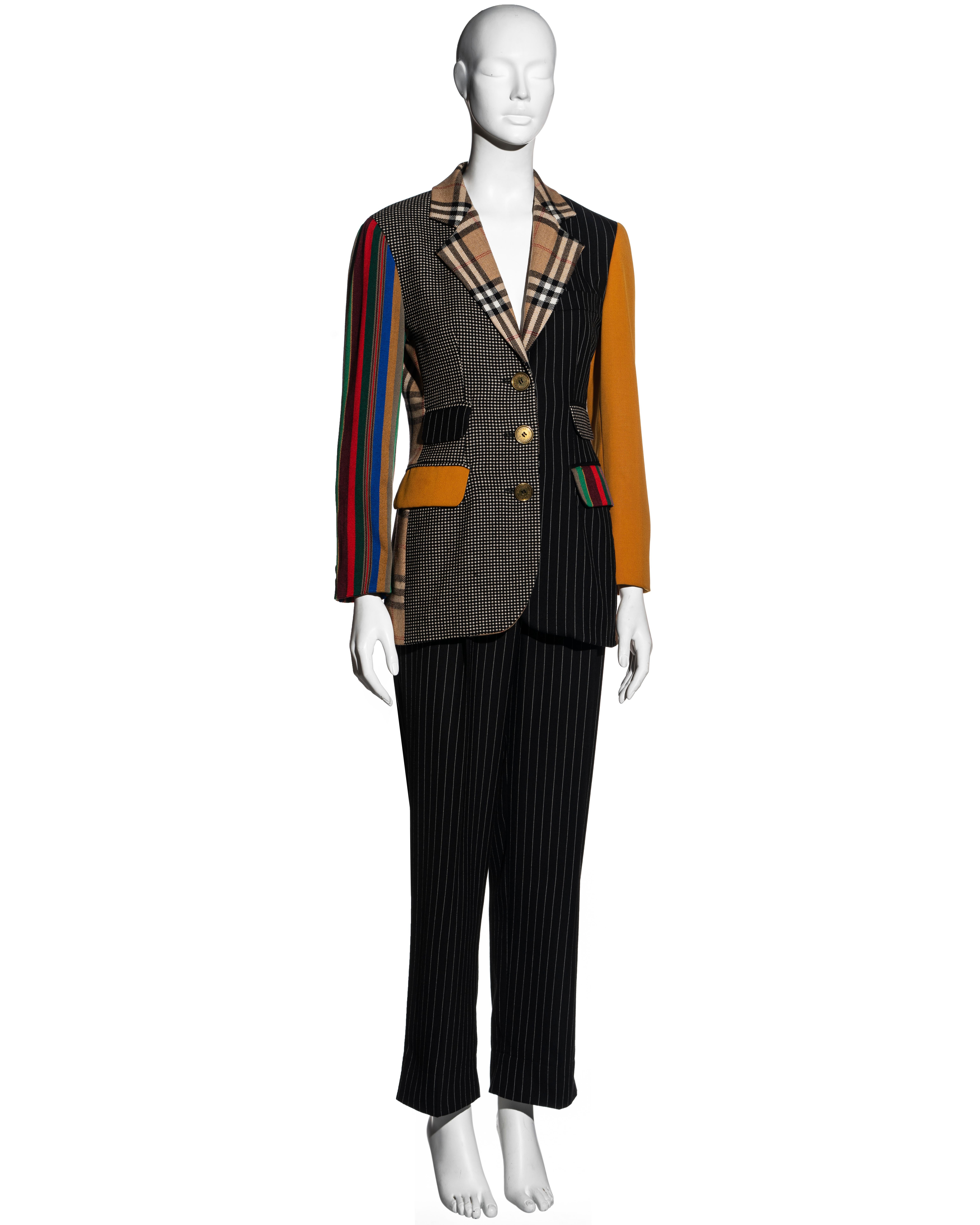 Women's Moschino Couture patchwork wool blazer jacket and pants suit, ss 1994 For Sale