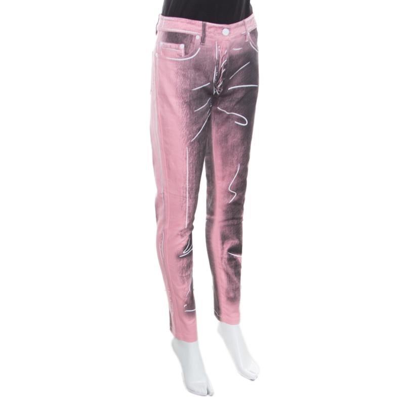 Gray Moschino Couture Pink and Black Printed Slim Fit Jeans M