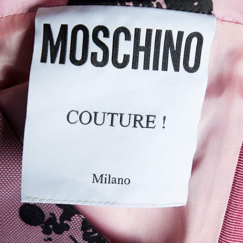 Moschino Couture Pink Printed Satin & Polka Dot Tulle Sleeveless Sheath Dress L In Excellent Condition For Sale In Dubai, Al Qouz 2